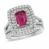 Thumbnail Image 0 of Certified Emerald-Cut Pink Tourmaline and 7/8 CT. T.W. Certified Diamond Bridal Set in 14K White Gold