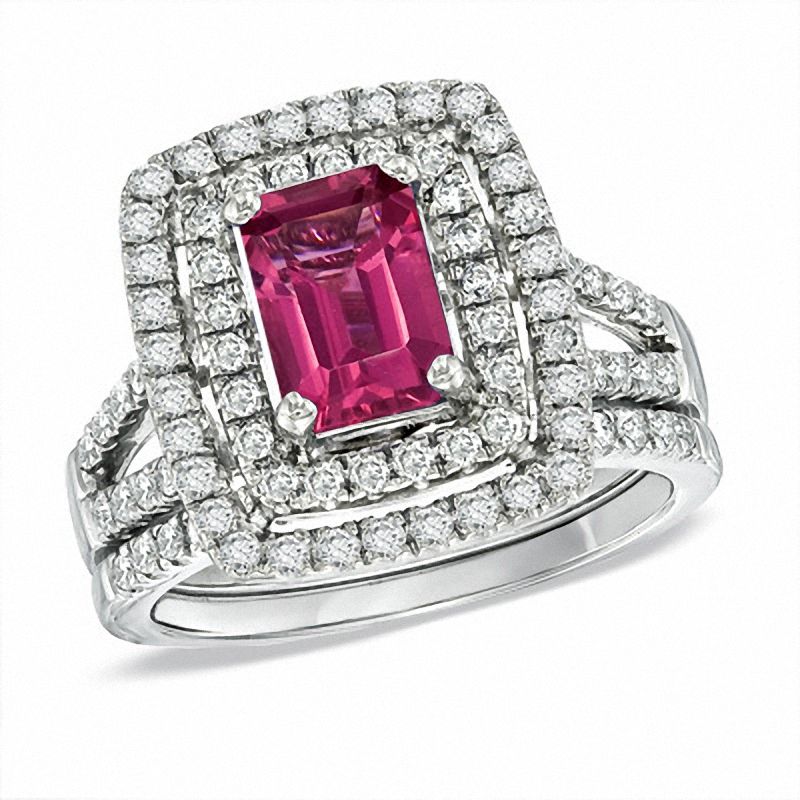 Main Image 1 of Certified Emerald-Cut Pink Tourmaline and 7/8 CT. T.W. Certified Diamond Bridal Set in 14K White Gold