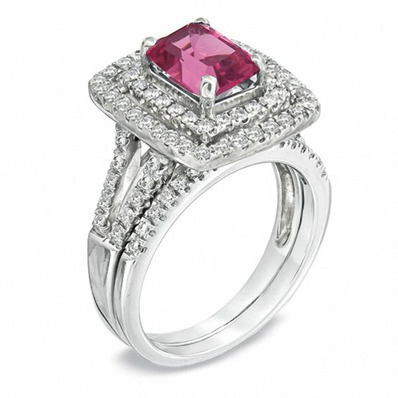 Certified Emerald-Cut Pink Tourmaline and 7/8 CT. T.w. Certified Diamond Bridal Set in 14K White Gold