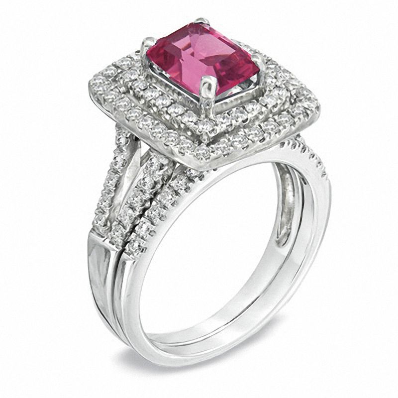 Main Image 2 of Certified Emerald-Cut Pink Tourmaline and 7/8 CT. T.W. Certified Diamond Bridal Set in 14K White Gold