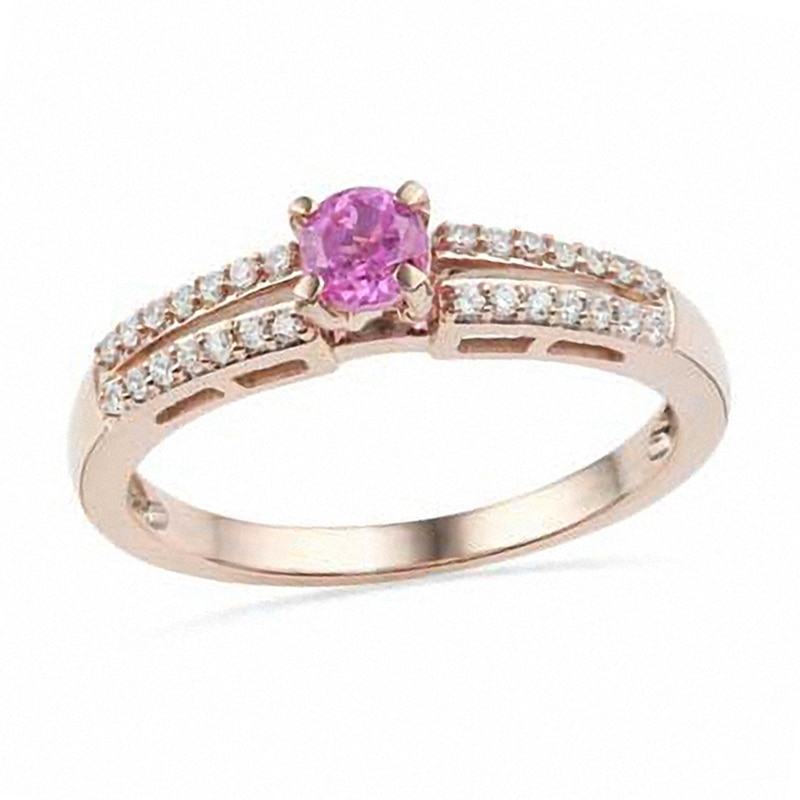 Main Image 1 of Lab-Created Pink Sapphire and 1/10 CT. T.W. Diamond Promise Ring in 10K Rose Gold