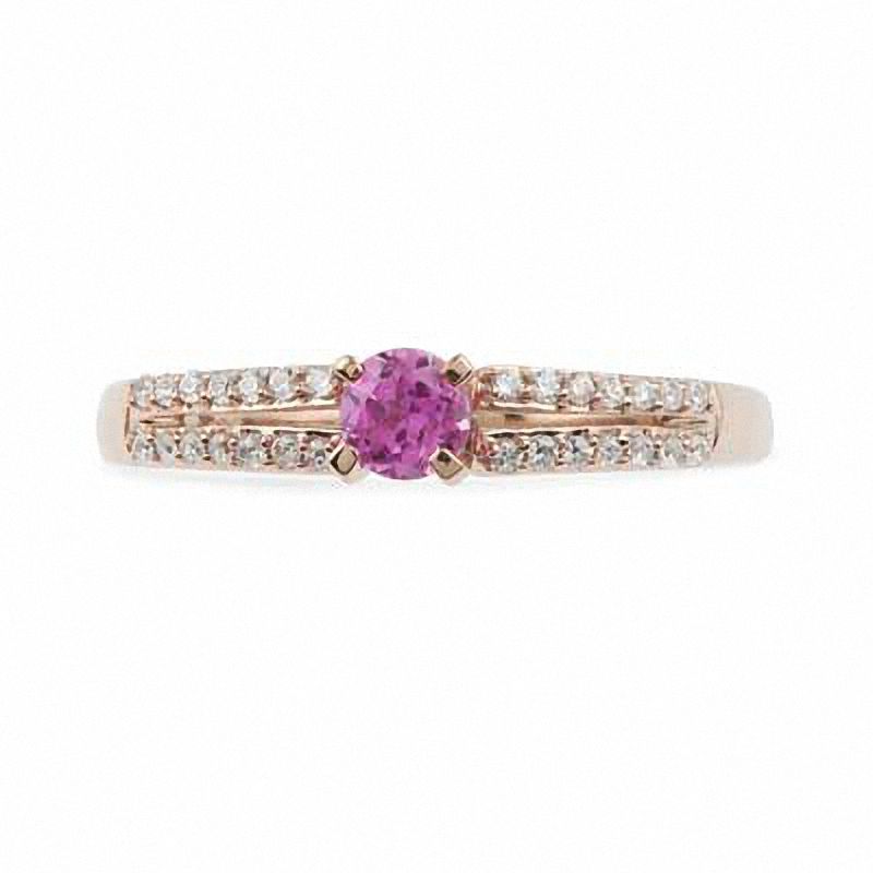 Main Image 2 of Lab-Created Pink Sapphire and 1/10 CT. T.W. Diamond Promise Ring in 10K Rose Gold