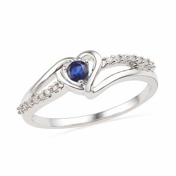 Lab-Created Blue Sapphire and 1/20 CT. T.w. Diamond Heart Ring in Sterling Silver