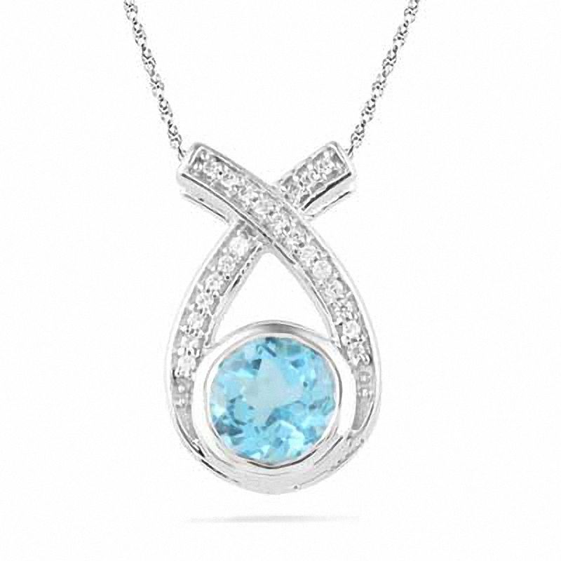 6.0mm Blue Topaz and 1/10 CT. T.W. Diamond Pendant in Sterling Silver