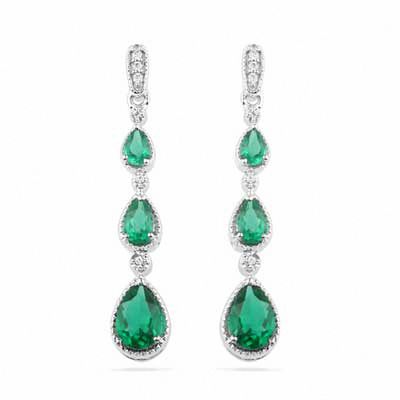 Pear Shaped Emerald and Diamond Halo Drop Earrings in 14k White Gold (6x4mm)