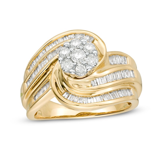 1 CT. T.w. Multi-Diamond Swirl Frame Triple Row Bypass Ring in 10K Gold