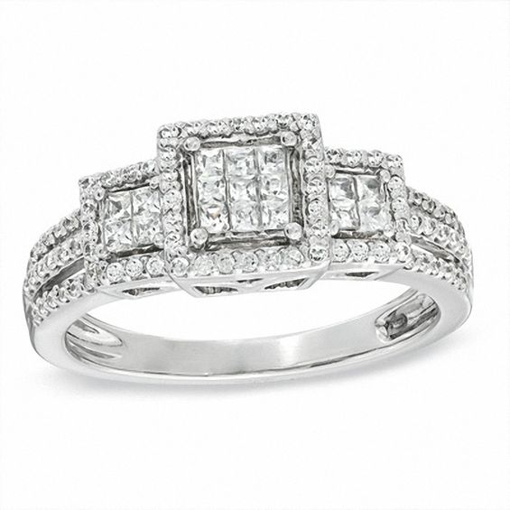 1/2 CT. T.w. Princess-Cut Diamond Past Present FutureÂ® Square Engagement Ring in 10K White Gold