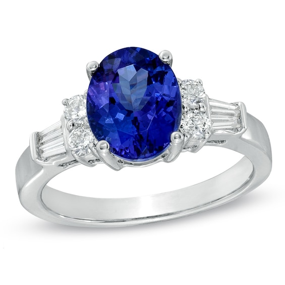 Certified Oval Tanzanite and 1/2 CT. T.w. Certified Diamond Engagement Ring in 14K White Gold