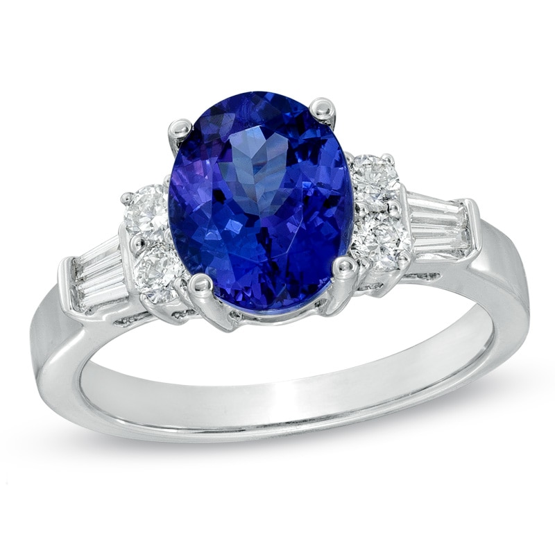Main Image 1 of Certified Oval Tanzanite and 1/2 CT. T.W. Certified Diamond Engagement Ring in 14K White Gold