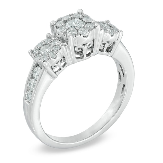 1 CT. T.w. Diamond Cluster Three Stone Engagement Ring in 14K White Gold