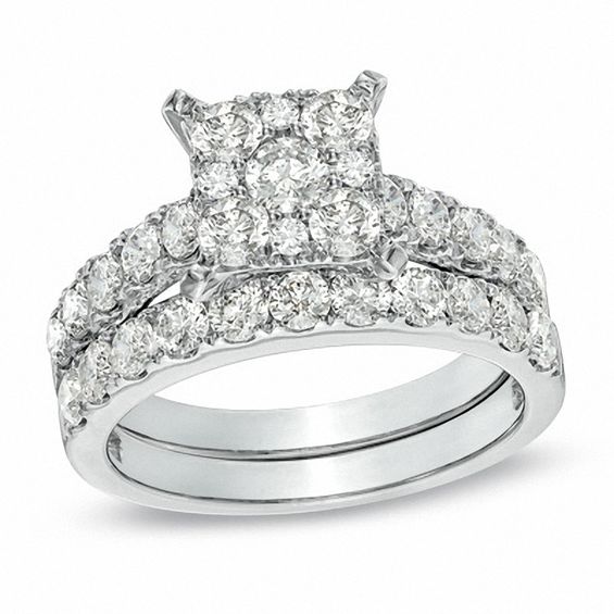 2 CT. T.w. Diamond Square Cluster Bridal Set in 14K White Gold