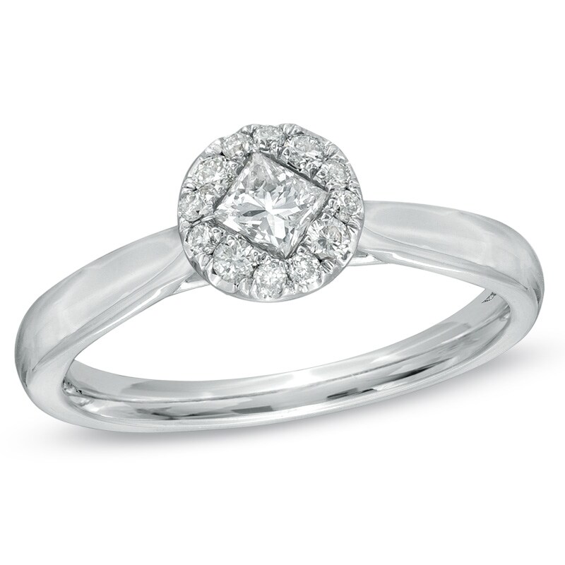 Main Image 1 of 3/8 CT. T.W. Princess-Cut and Round Diamond Cluster Engagement Ring in 14K White Gold