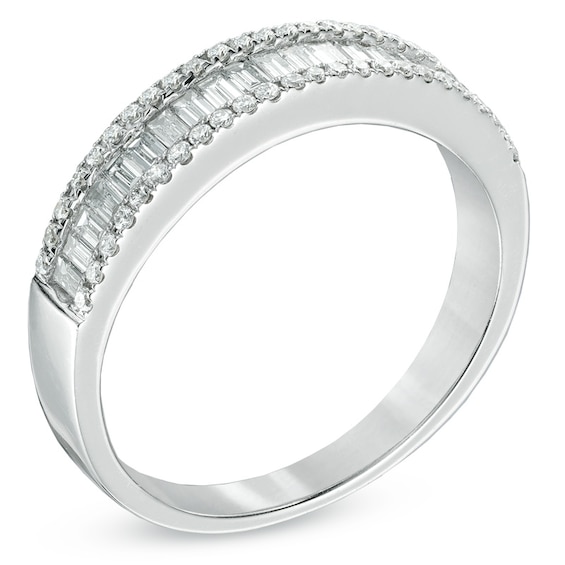 1/2 CT. T.w. Baguette and Round Diamond Edge Band in 10K White Gold