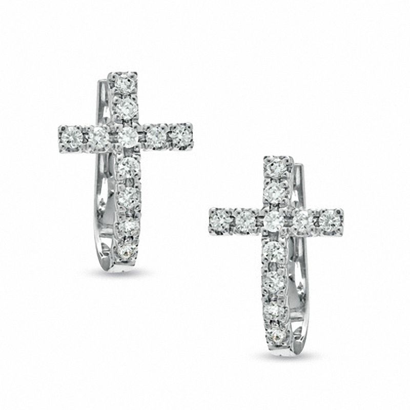 Main Image 1 of 1/4 CT. T.W. Diamond Cross Hoop Earrings in Sterling Silver