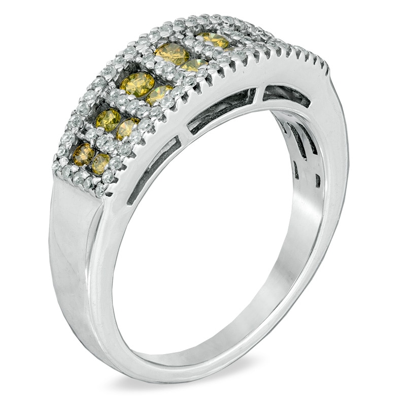 3/4 CT. T.W. Enhanced Yellow and White Diamond Double Row Band in Sterling Silver - Size 7