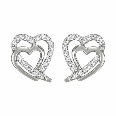 1/8 Ct Natural Diamond Shadowed Heart Earrings In 14K Gold Over Sterling Silver 