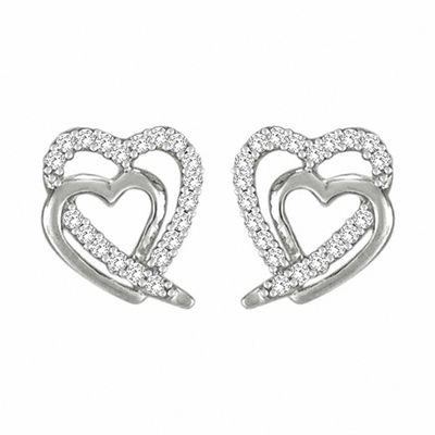 1/8 Ct Natural Diamond Shadowed Heart Earrings In 14K Gold Over Sterling Silver 1/8 Ct Natural Diamond Shadowed Heart Earrings In 14K Gold Over Sterling Silver