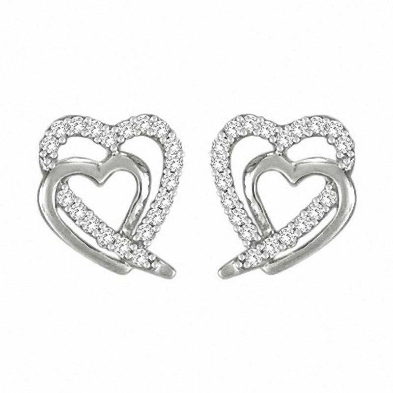 Main Image 1 of 1/8 CT. T.W. Diamond Shadowed Heart Earrings in Sterling Silver