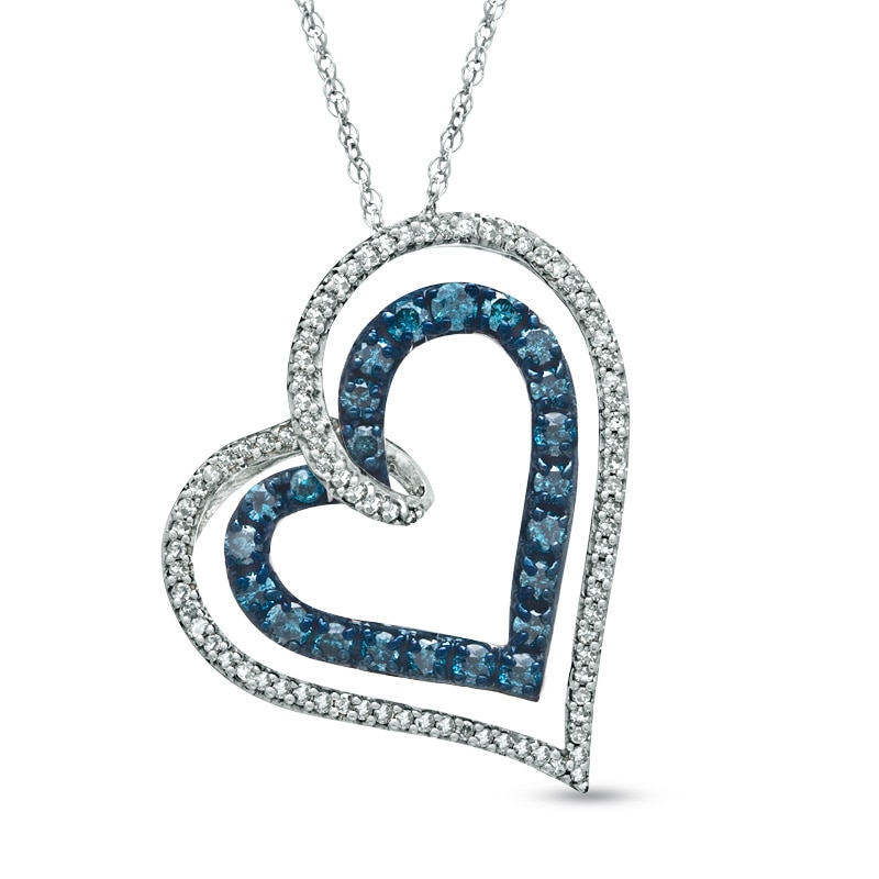 1/2 CT. T.W. Enhanced Blue and White Diamond Tilted Heart Pendant in 10K White Gold