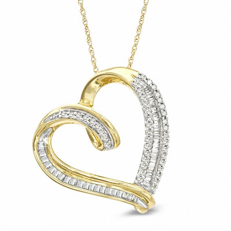 1/2 CT. T.W. Baguette and Round Diamond Tilted Heart Pendant in 10K Gold