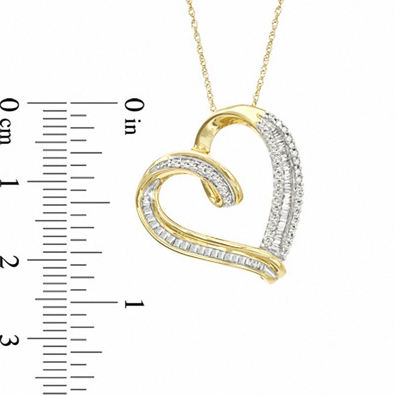 Main Image 2 of 1/2 CT. T.W. Baguette and Round Diamond Tilted Heart Pendant in 10K Gold
