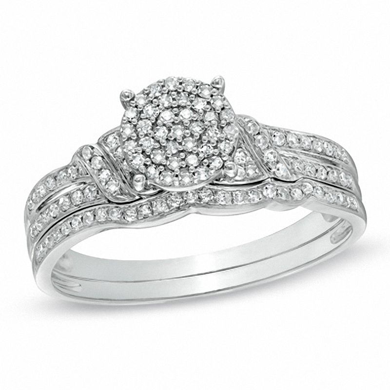 Main Image 1 of 1/4 CT. T.W. Diamond Cluster Bridal Set in 10K White Gold
