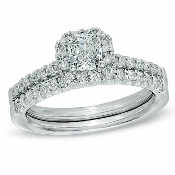 3/4 CT. T.w. Cushion-Cut Diamond Frame Bridal Set in 14K White Gold