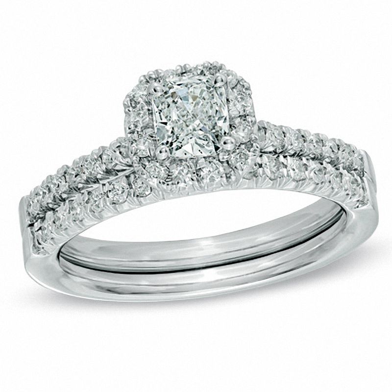 Main Image 1 of 3/4 CT. T.W. Cushion-Cut Diamond Frame Bridal Set in 14K White Gold