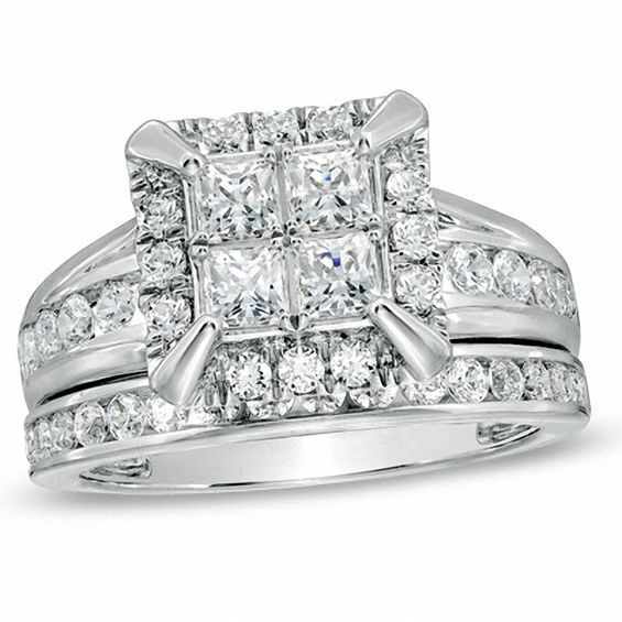 2 CT. T.w. Quad Princess-Cut Diamond Frame Bridal Set in 14K White Gold