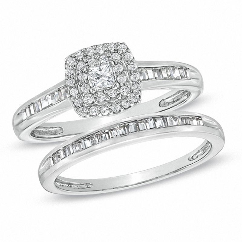 Main Image 1 of 1/2 CT. T.W. Princess-Cut Diamond Double Frame Bridal Set in 10K White Gold