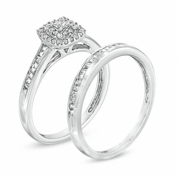 1/2 CT. T.w. Princess-Cut Diamond Double Frame Bridal Set in 10K White Gold
