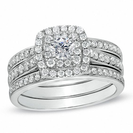 1 CT. T.w. Diamond Cushion-Shape Double Frame Bridal Set in 10K White Gold