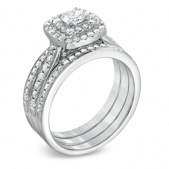 1 CT. T.w. Diamond Cushion-Shape Double Frame Bridal Set in 10K White Gold