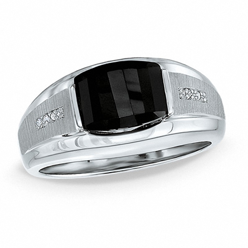 Men's Barrel-Shaped Black Onyx and Diamond Accent Ring in Sterling Silver