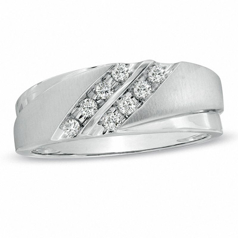 Men's 1/5 CT. T.W. Diamond Grooved Wedding Band in 10K White Gold
