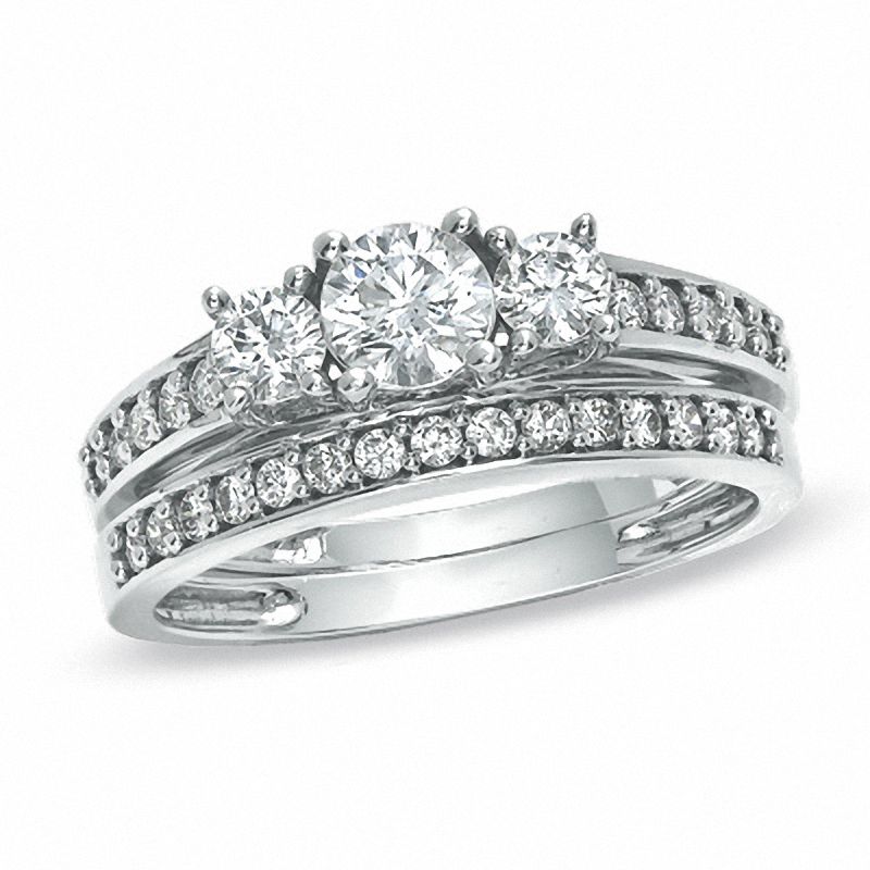 Main Image 1 of 7/8 CT. T.W. Diamond Three Stone Bridal Set in 10K White Gold
