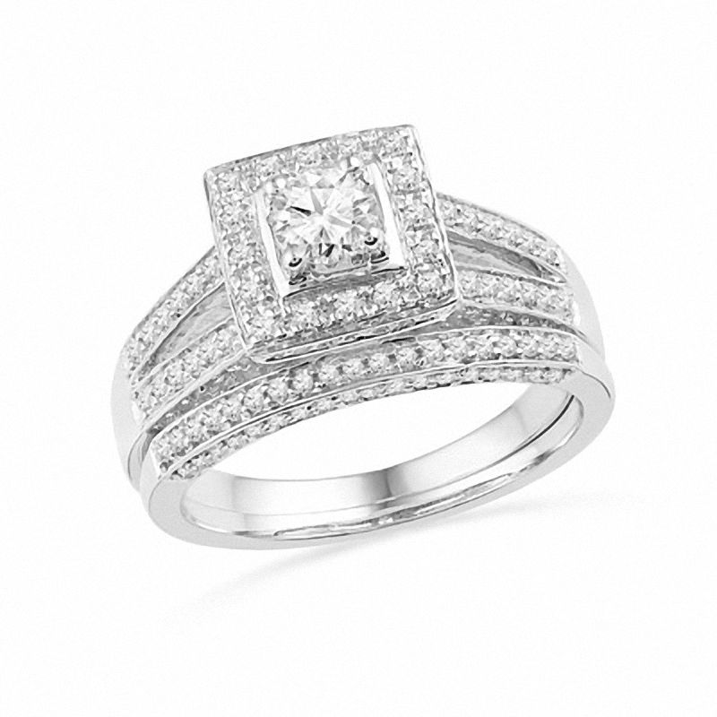 Main Image 1 of 1 CT. T.W. Diamond Square Frame Split Shank Bridal Set in 14K White Gold
