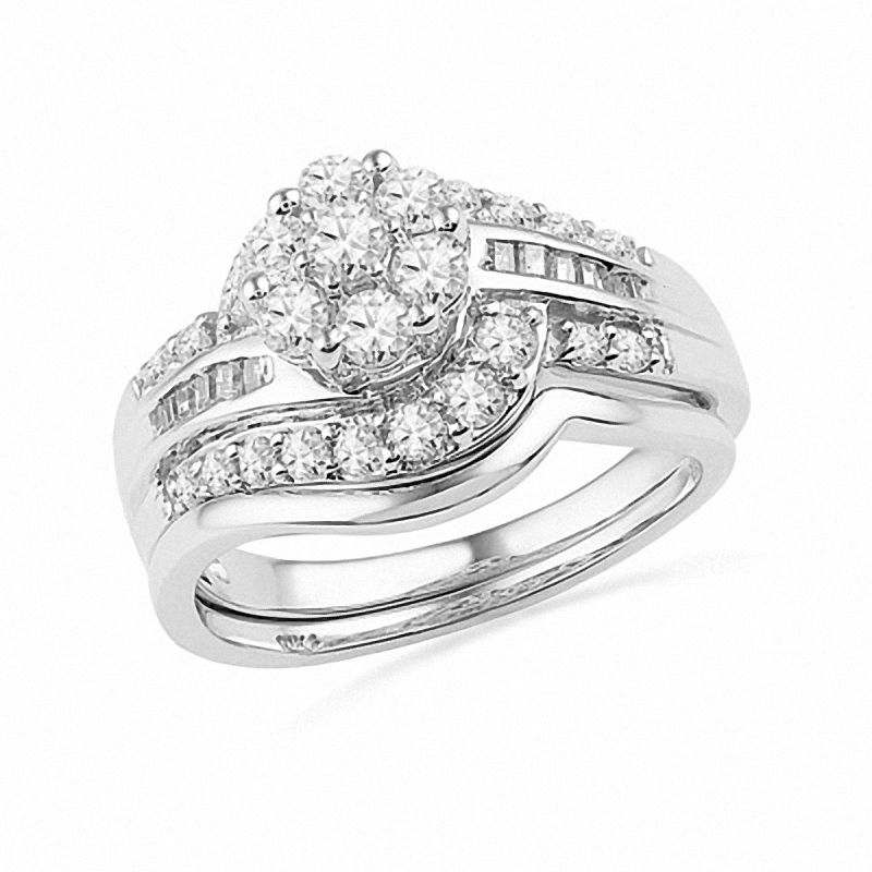 1 CT. T.W. Diamond Cluster Bridal Set in 10K White Gold