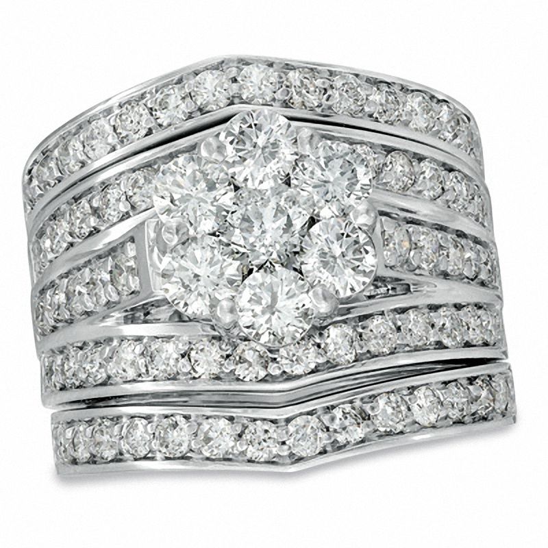 3 CT. T.W. Diamond Cluster Multi-Row Three Piece Bridal Set in 14K White Gold