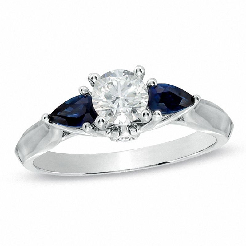 1/2 CT. T.W. Diamond and Pear-Shaped Blue Sapphire Three Stone Ring in 14K White Gold