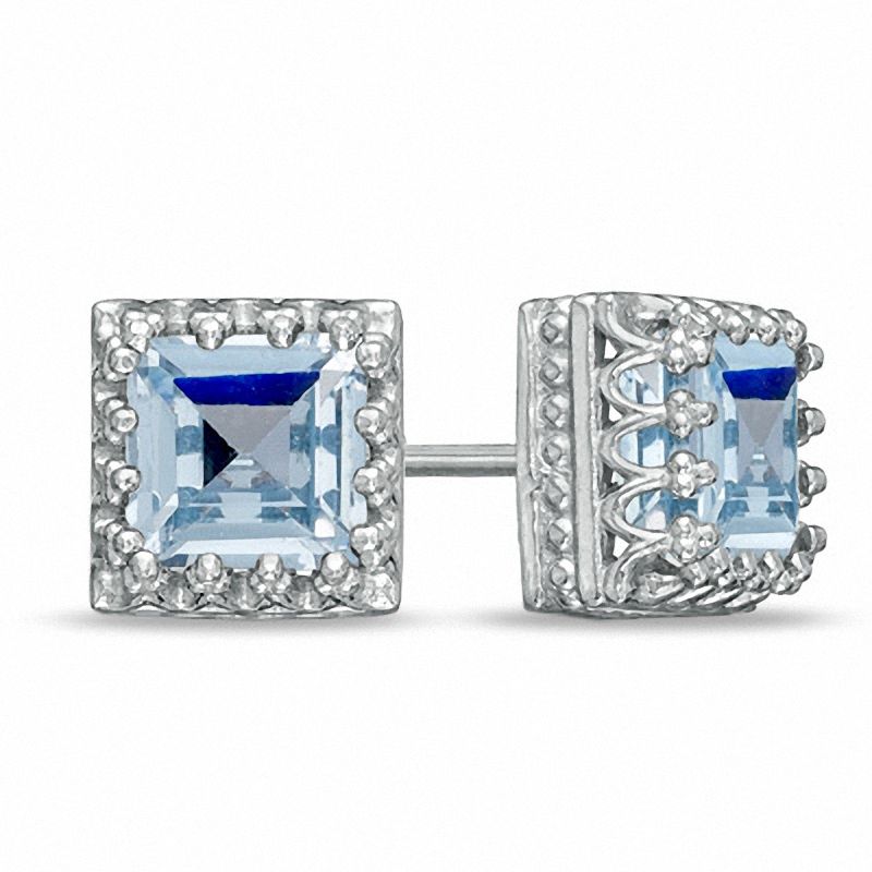 6.0mm Princess Cut Simulated Aquamarine Crown Earrings in Sterling Silver Zales