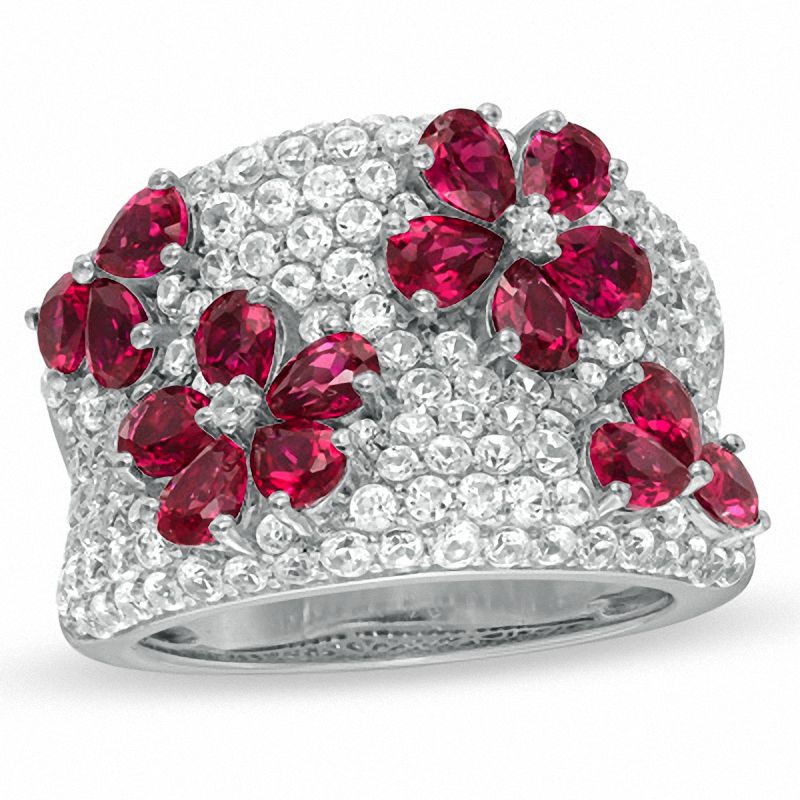 Main Image 1 of Pear-Shaped Lab-Created Ruby and White Sapphire Flower Band in Sterling Silver