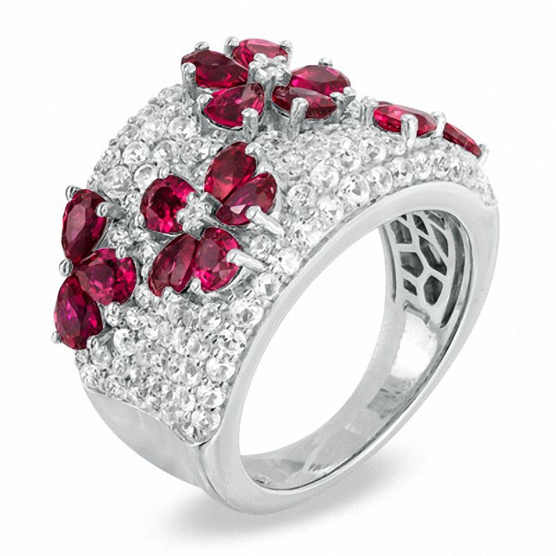 Main Image 2 of Pear-Shaped Lab-Created Ruby and White Sapphire Flower Band in Sterling Silver