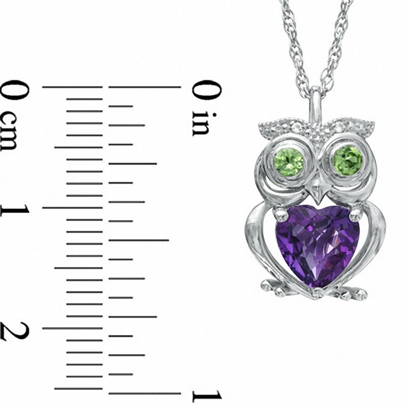 7.0mm Heart-Shaped Amethyst, Peridot and Lab-Created White Sapphire Owl Pendant in Sterling Silver