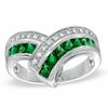 Thumbnail Image 0 of Princess-Cut Lab-Created Emerald and White Sapphire Chevron Ring in Sterling Silver