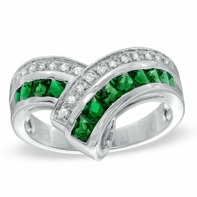 Princess-Cut Lab-Created Emerald and White Sapphire Chevron Ring in Sterling Silver