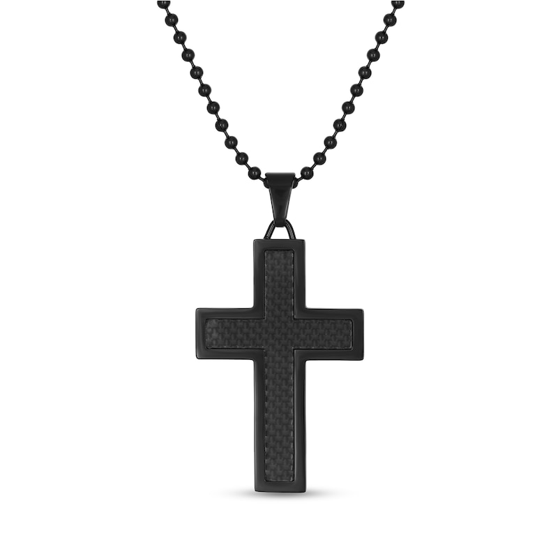 Main Image 1 of Men's Carbon Fiber Cross Pendant in Black IP Stainless Steel - 22"
