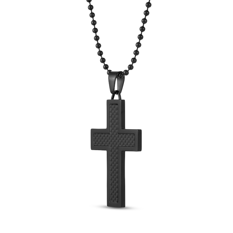 Men's Carbon Fiber Cross Pendant in Black IP Stainless Steel - 22"