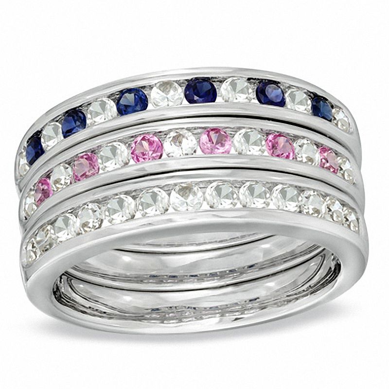 Lab-Created Pink, Blue and White Sapphire Ring Set in Sterling Silver