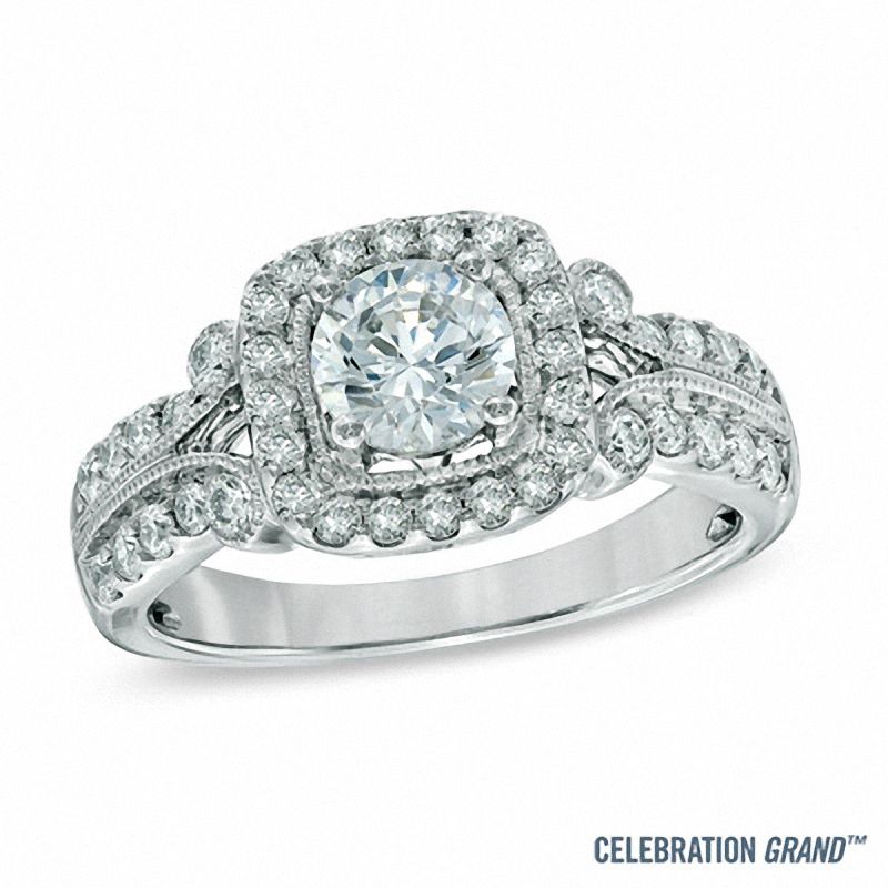 Celebration Ideal 1-1/4 CT. T.W. Diamond Frame Vintage-Style Engagement Ring in 14K White Gold (I/I1)